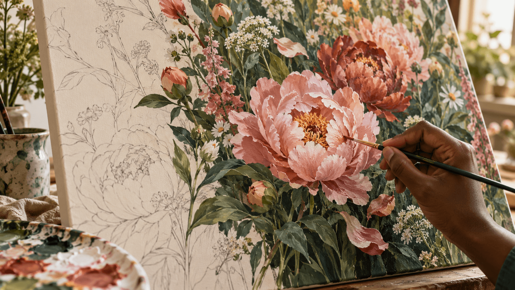 An artist paints a botanical canvas, turning delicate pencil outlines into vivid pink flowers and lush green leaves.